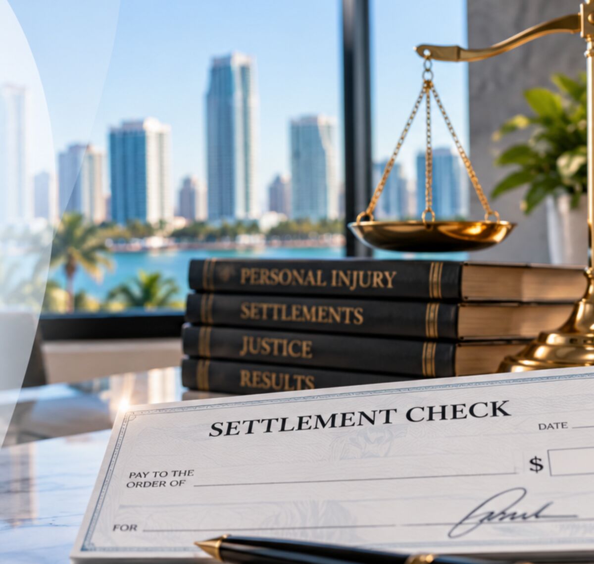 A settlement check on a law office desk beside legal books and the scales of justice